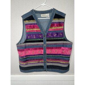 Vtg 90's Y2K Susan Bristol Denim Button Down Colorful Artsy Floral Vest Indie XL